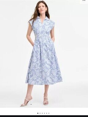 Kensis Women's  Blue & White Printed Shirt-Collar Midi Dress #98#